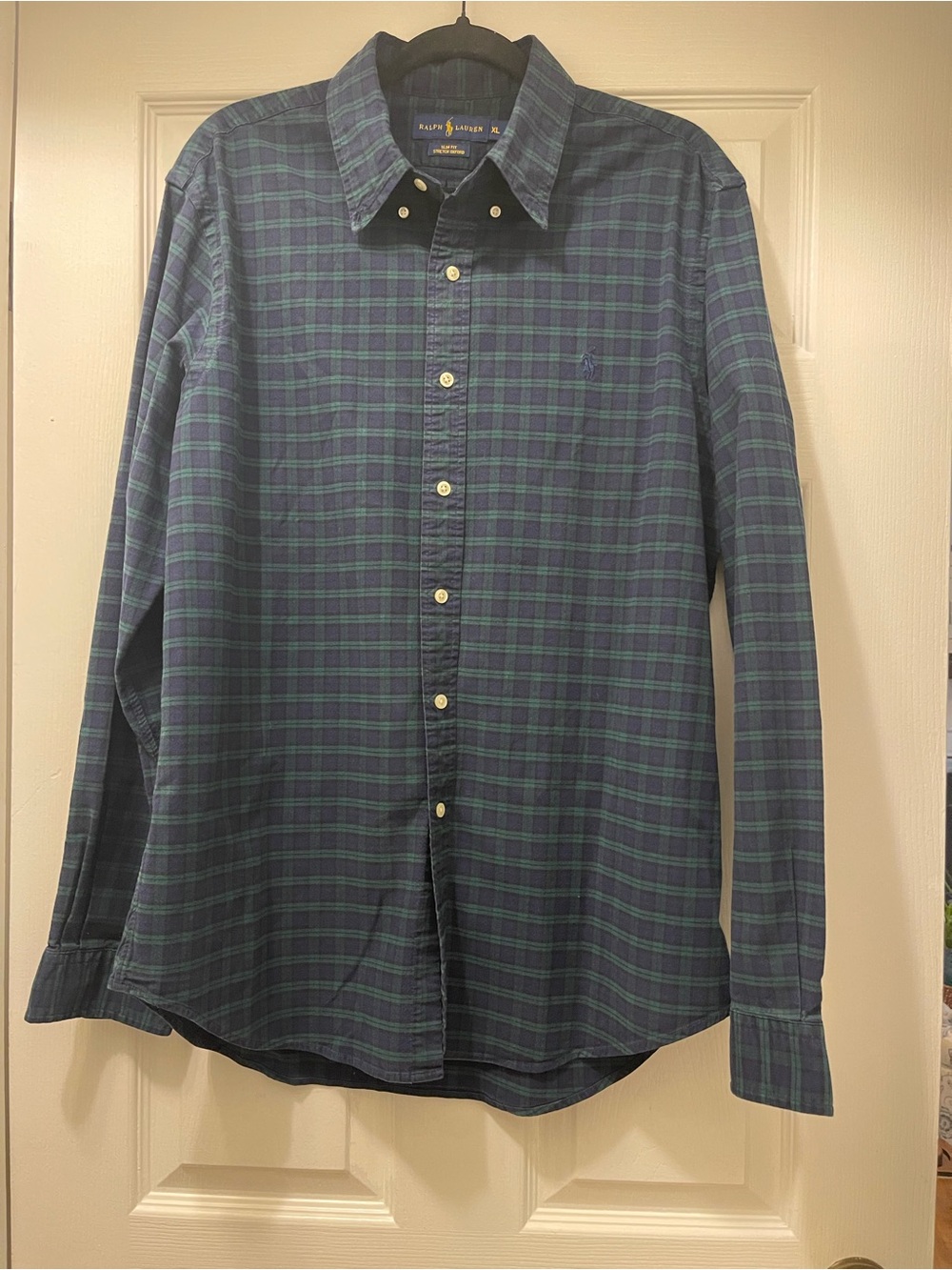 Polo Ralph Lauren XL Slim Fit Stretch Oxford Navy Green Plaid Shirt